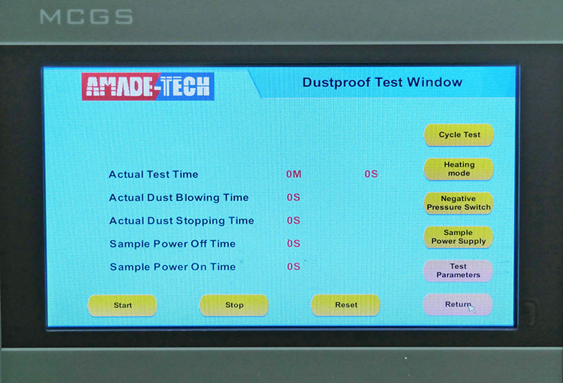 Control panel of AmadeTech Dust Test Chamber
