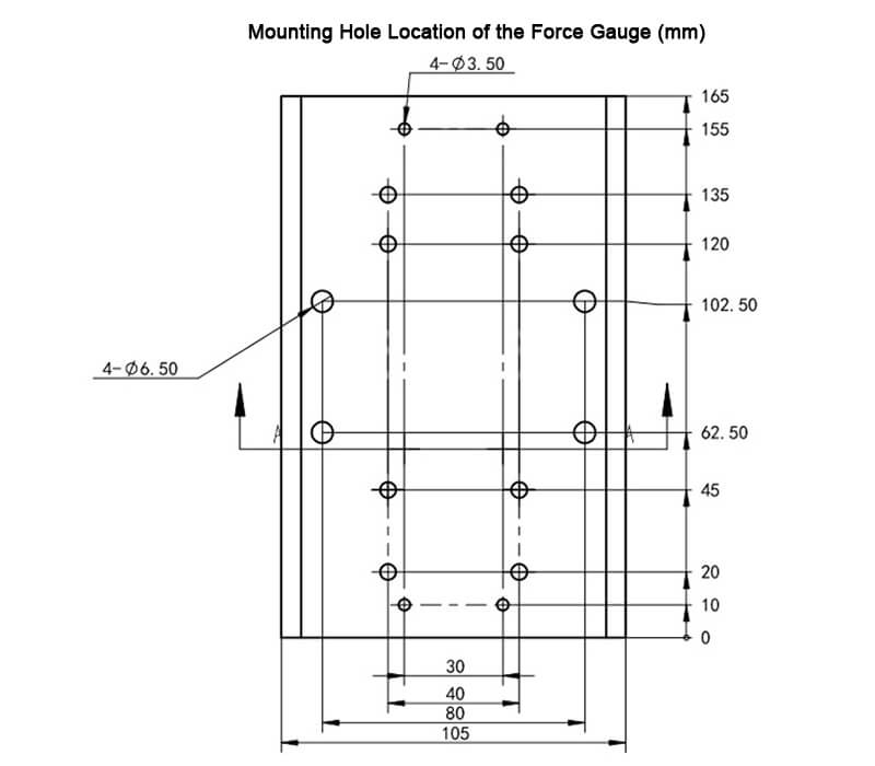 Mounting hole location of the force gauge