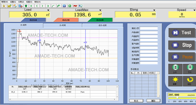 software interface of computerized peel tester